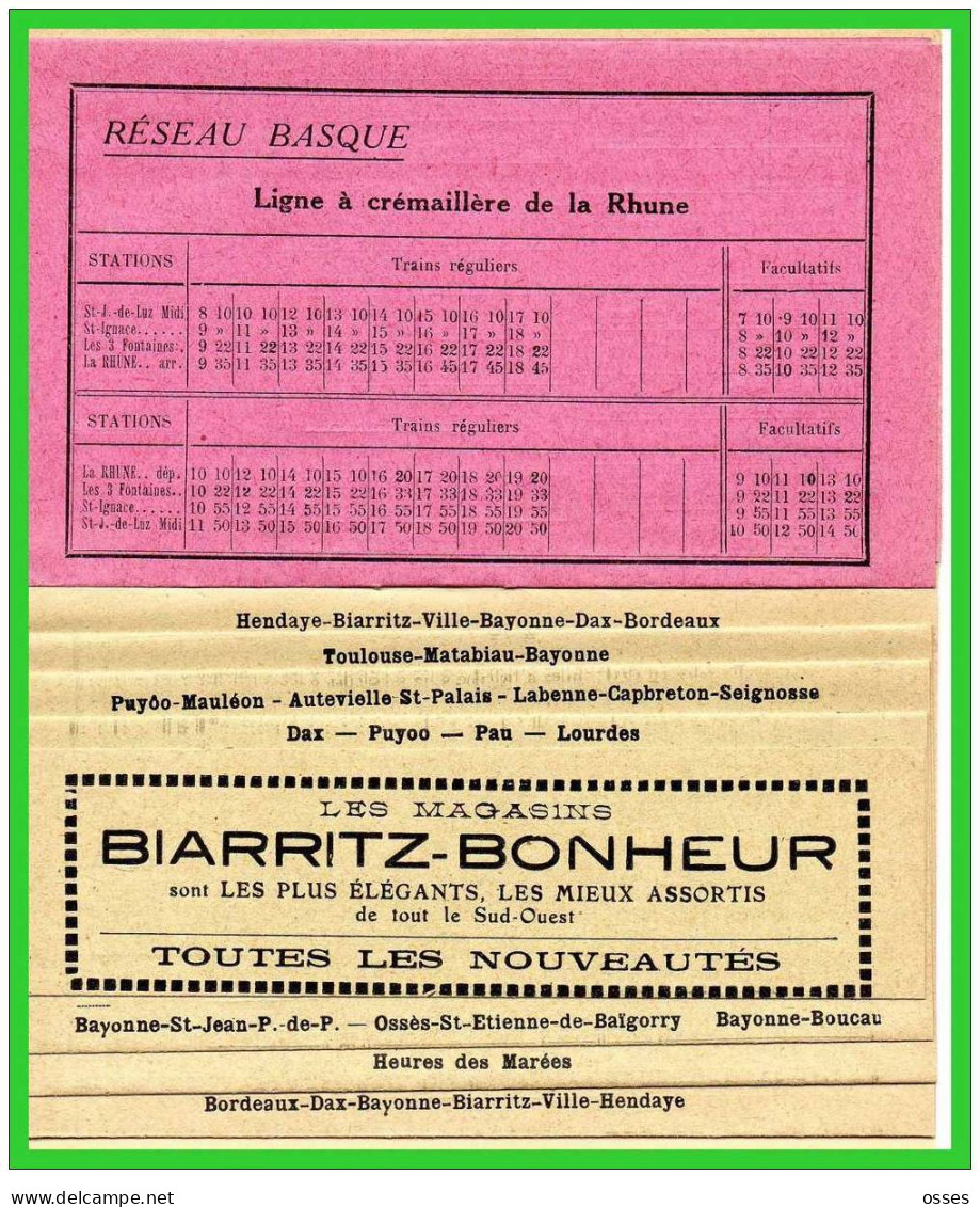 BIARRITZ-BONHEUR "Le Dépliant " Horaires" Service D'étè 1926..(rectos  Versos) - Europa