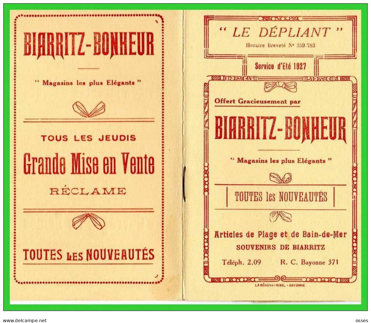 BIARRITZ-BONHEUR "Le Dépliant " Horaires" Service D'étè 1927..(rectos  Versos) - Europa