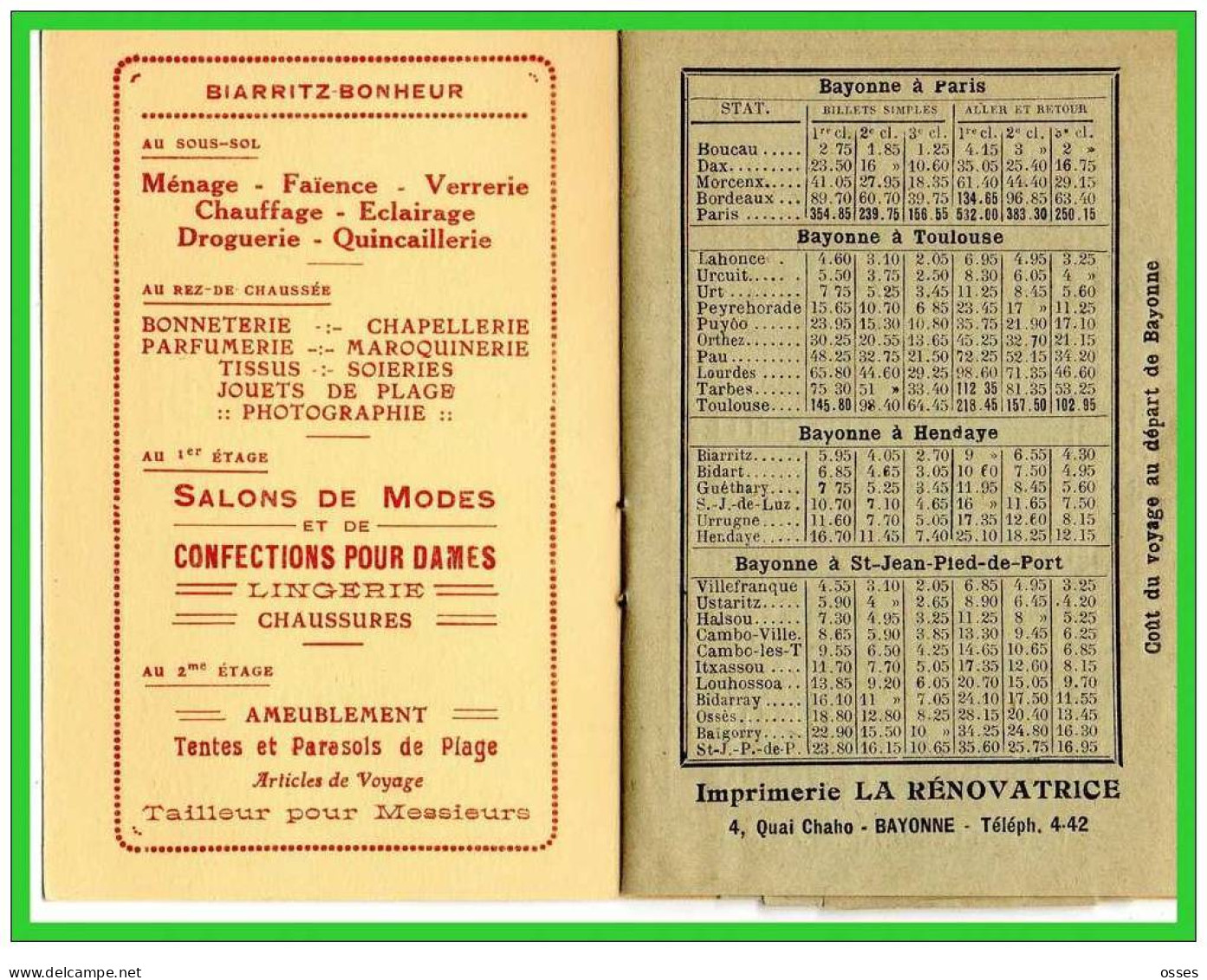 BIARRITZ-BONHEUR "Le Dépliant " Horaires" Service D'étè 1927..(rectos  Versos) - Europe