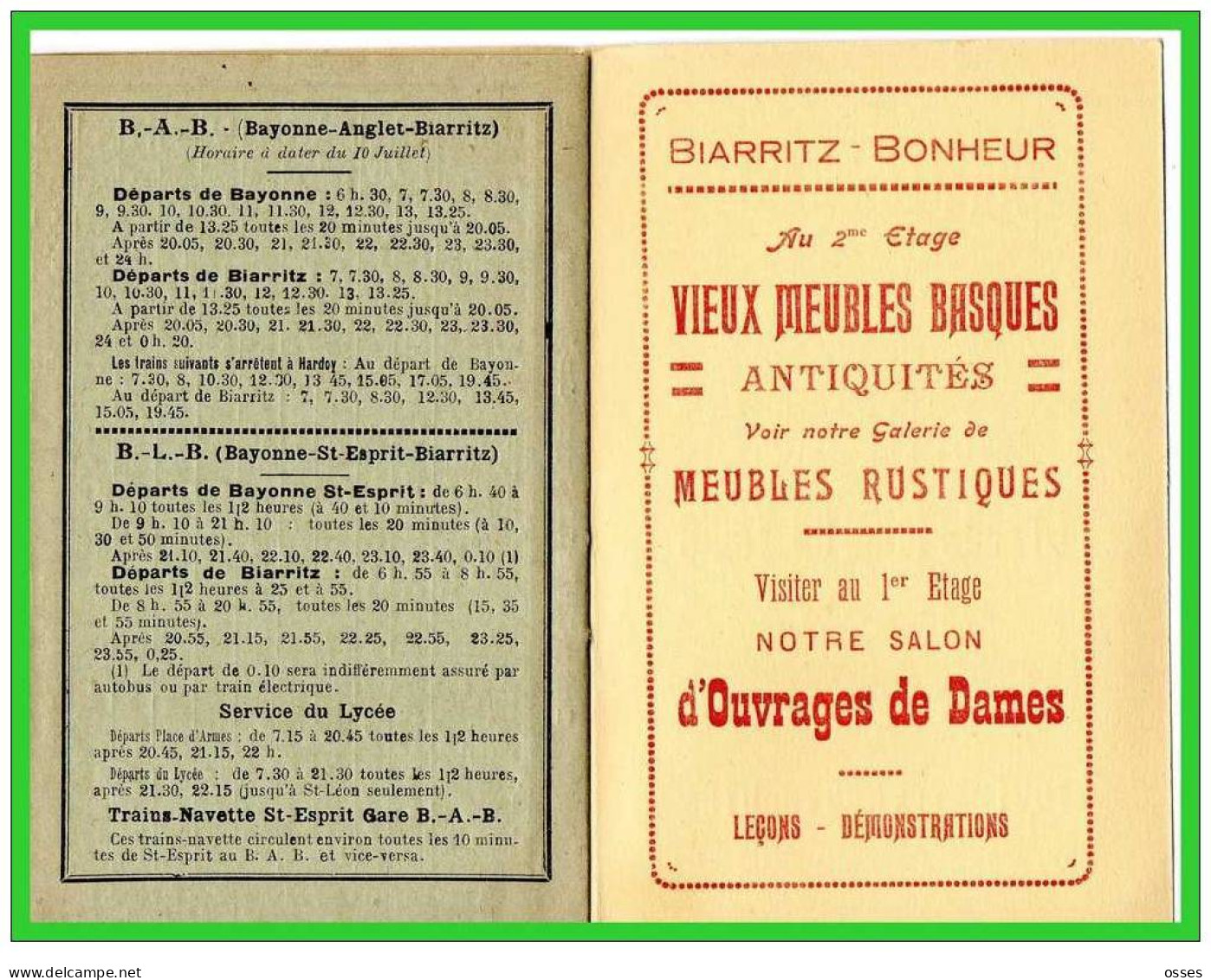 BIARRITZ-BONHEUR "Le Dépliant " Horaires" Service D'étè 1927..(rectos  Versos) - Europa