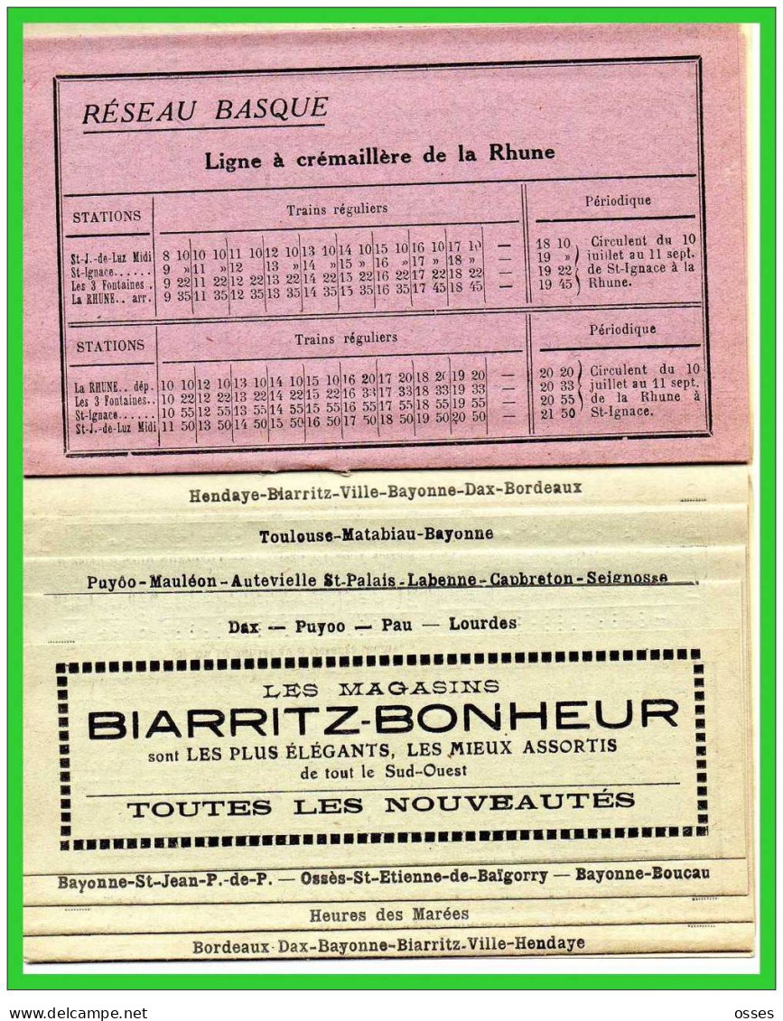 BIARRITZ-BONHEUR "Le Dépliant " Horaires" Service D'étè 1927..(rectos  Versos) - Europe