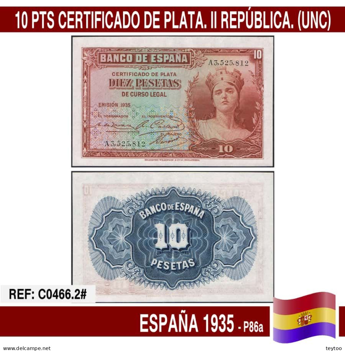C0466.2# España 1935. 10 Pts. Certificado De Plata (UNC) P86a - 5 Pesetas