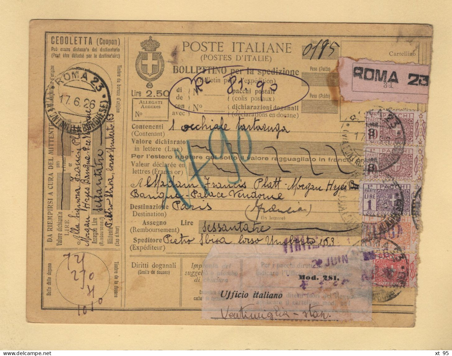 Italie - Bulletin D Expedition - Colis Postaux - Roma - 1926 - Paketmarken