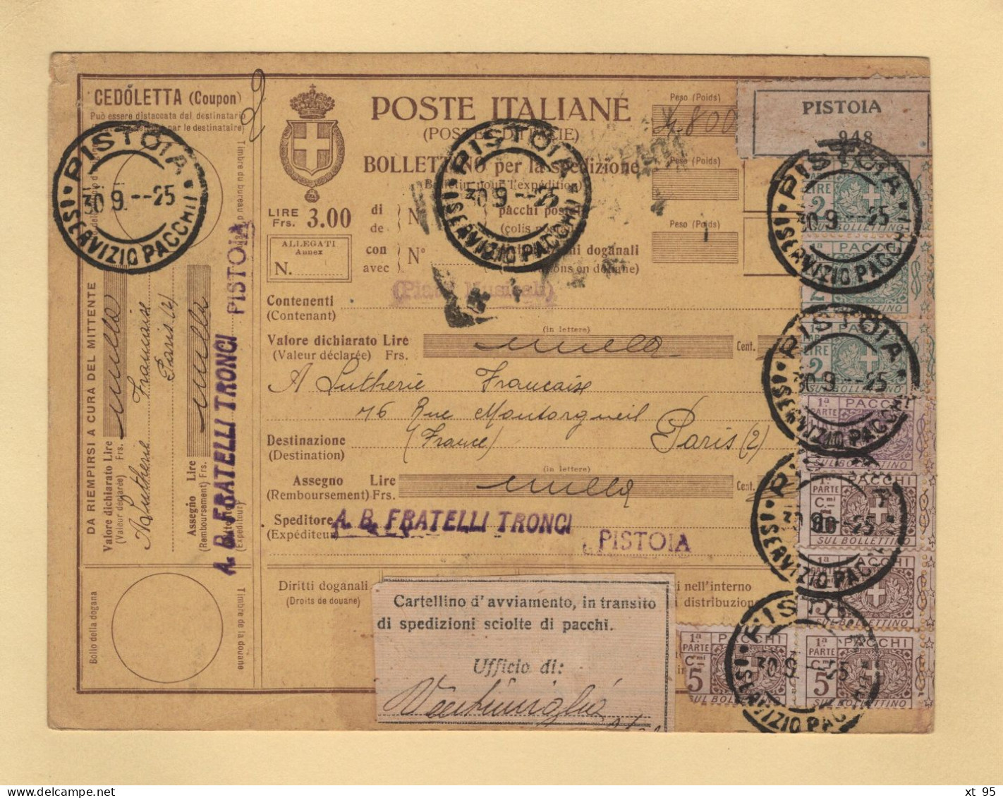 Italie - Bulletin D Expedition - Colis Postaux - Pistoia - 1925 - Colis-postaux