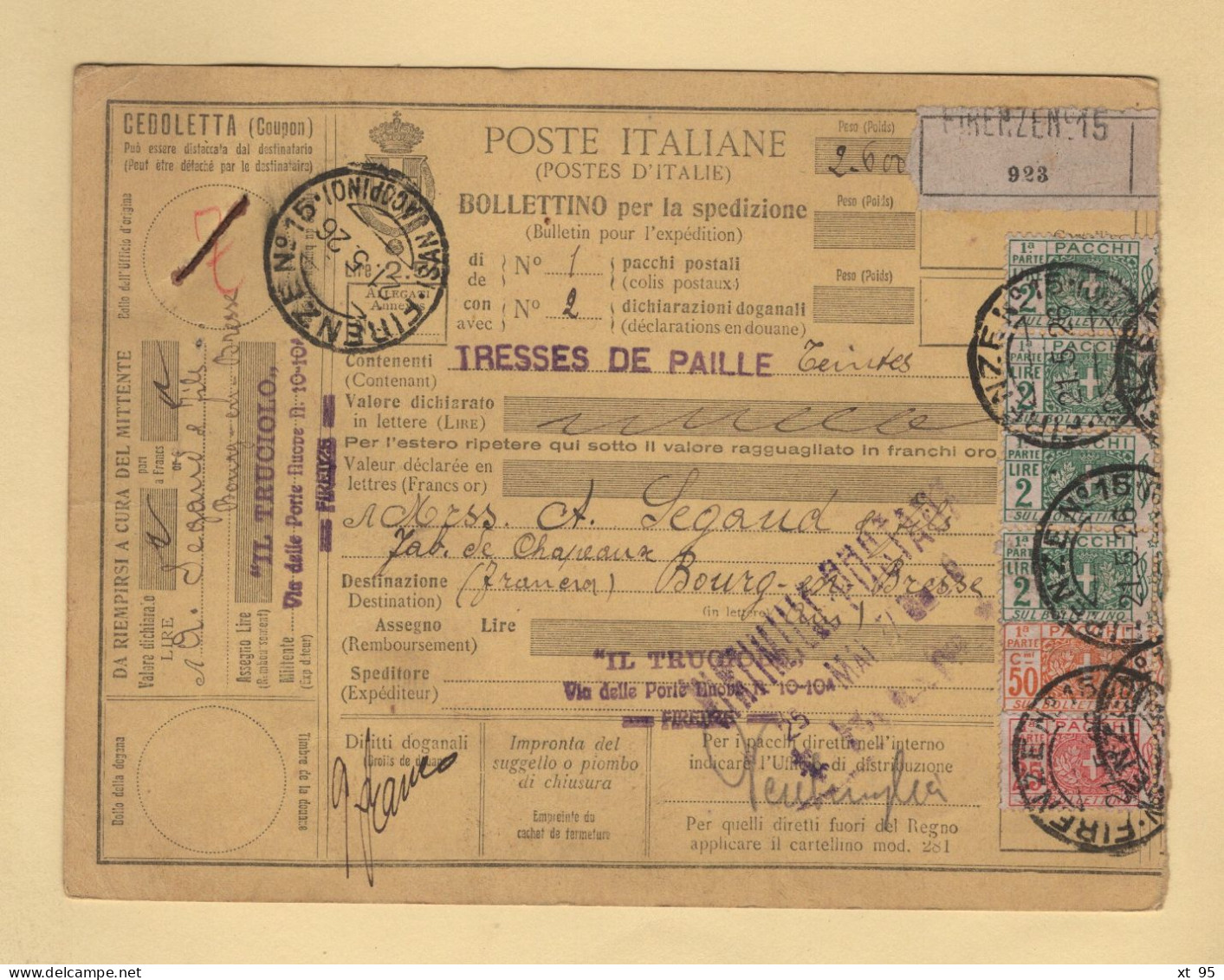 Italie - Bulletin D Expedition - Colis Postaux - Firenze - 1926 - Postal Parcels