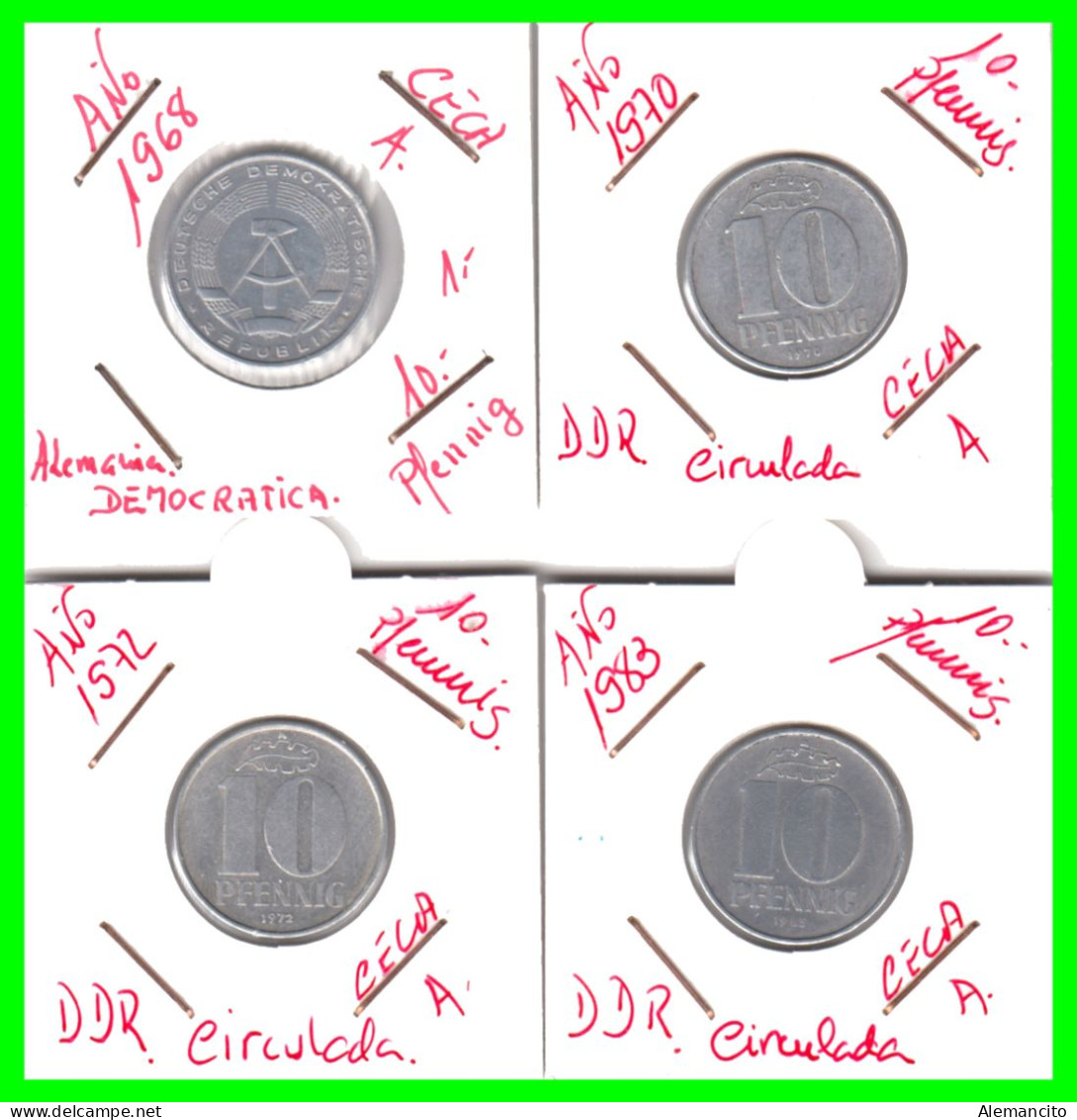 REPUBLICA DEMOCRATICA DE ALEMANIA ( DDR ) 4 MONEDAS DE 10 PFENNING AÑO 1968 - 1970 - 1972 -  1983 - CECA - A - EMBLEMA - - 5 Pfennig