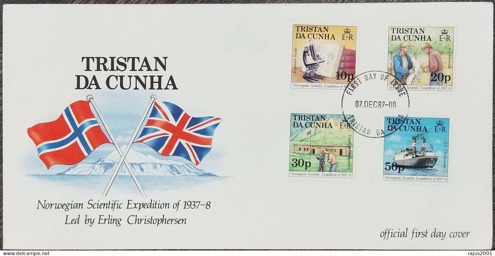Norwegian Scientific Expedition Of 1937-8 Led By Erling Christophersen, Microscope Botanist, Geographer Tristan FDC 1987 - Clima & Meteorología