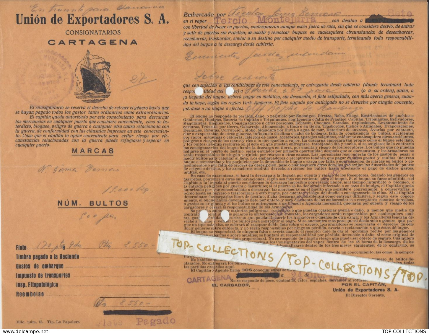 RARE 1940 CONNAISSEMENT BILL OF LADING  UNION DE EXPORTADORES Cartagena Espagne Pour Hambourg  Humburg  V.SCANS - Spagna