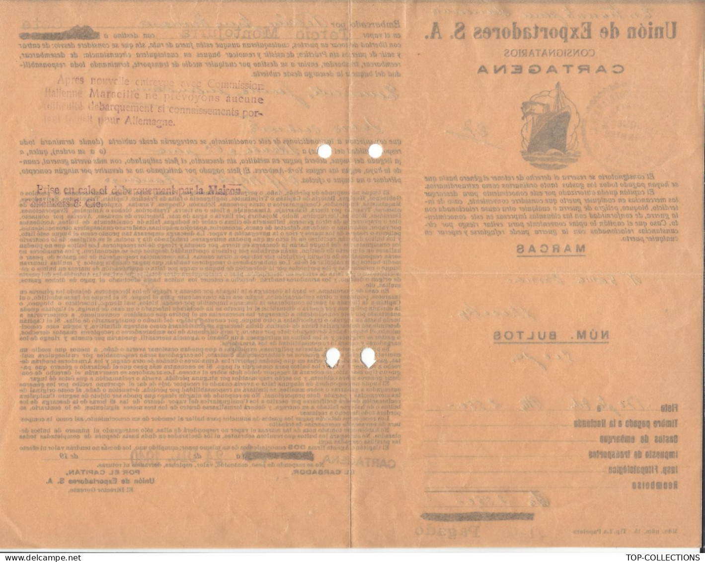 RARE 1940 CONNAISSEMENT BILL OF LADING  UNION DE EXPORTADORES Cartagena Espagne Pour Hambourg  Humburg  V.SCANS - Espagne