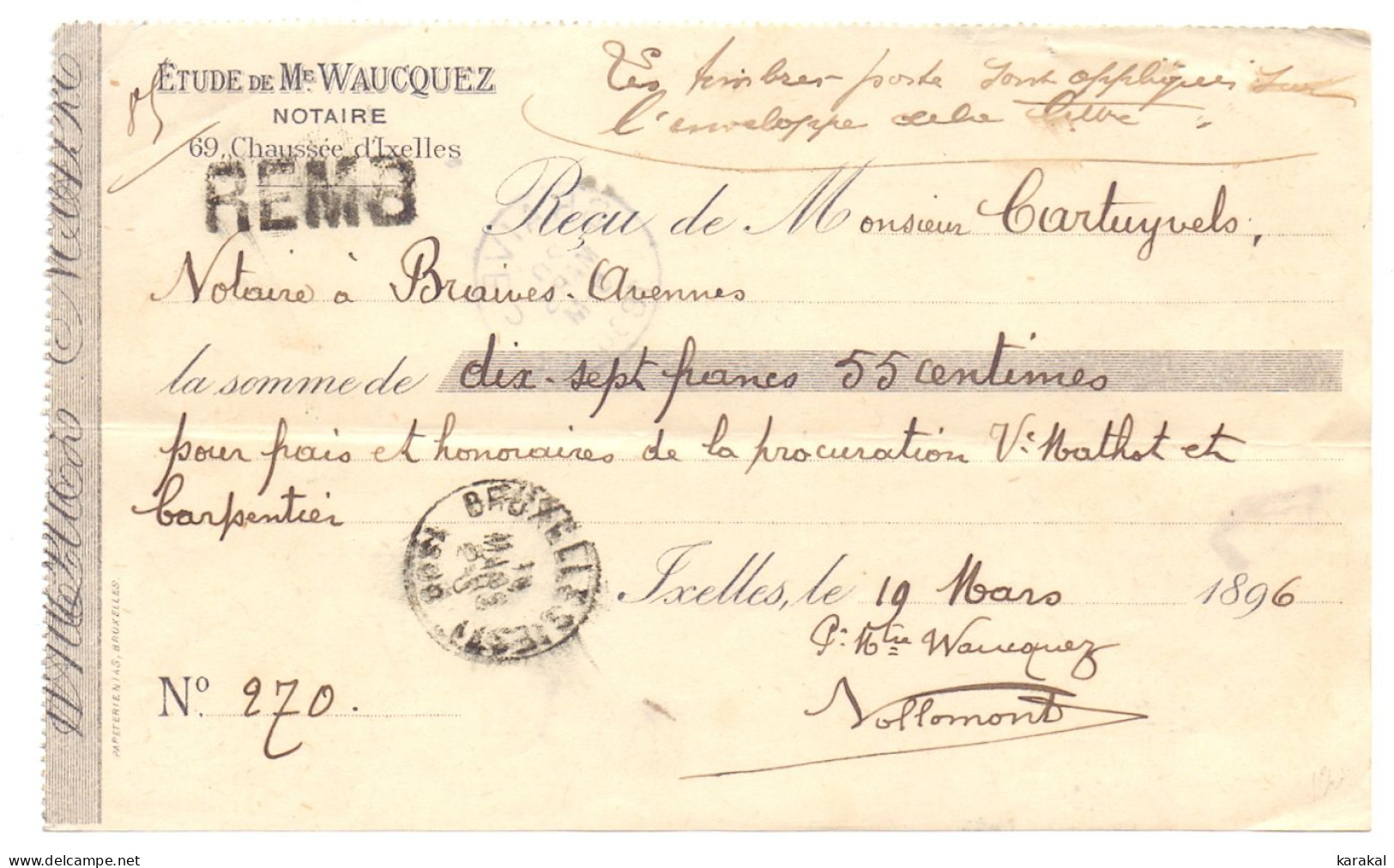 Belgique Reçu Notarial Notaire Waucquez Bruxelles Braives 1896 - 1800 – 1899