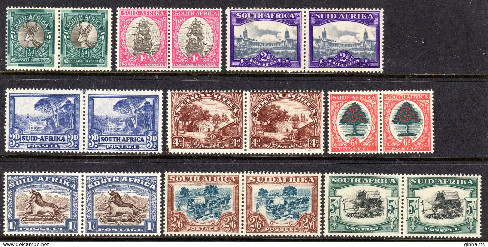 SOUTH AFRICA - 1947 DEFINITIVE SET IN PAIRS (18V) FINE LIGHTLY MOUNTED MINT LMM * SG 114-122 (2 SCANS) - Neufs