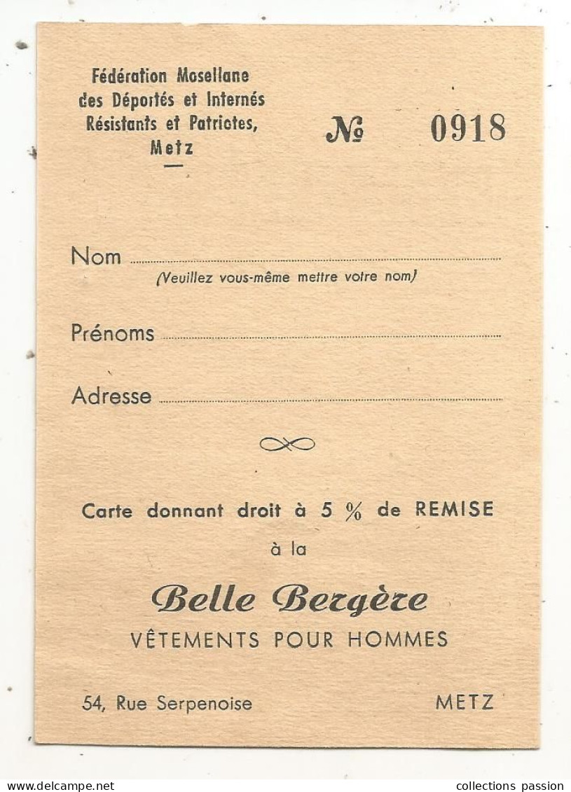 Carte De Membre, Fédération Mosellane Des Déportés Et Internés Résistants Et Patriotes, METZ, Vierge - Membership Cards