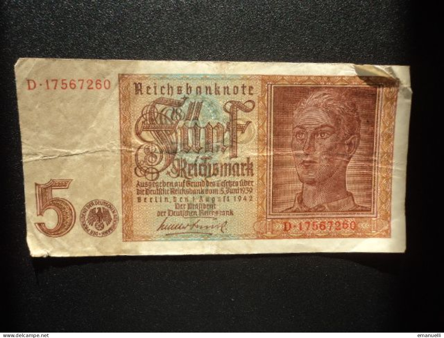 ALLEMAGNE : 5 REICHSMARK  1.8.1942  C.A. 179b, *  / P 186a ** B+ à Pr.TB *** (photographies Par " Nuit Et Brouillard " ) - 5 Reichsmark