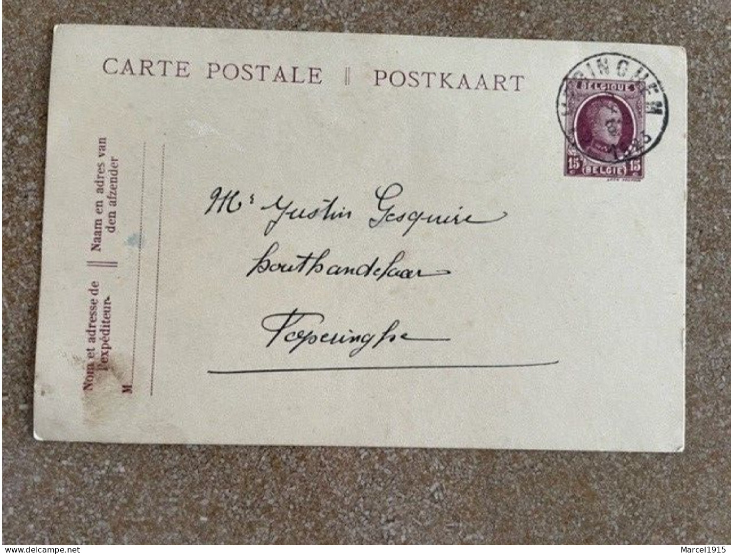 POSTKAART/Carte Postale ALVERINGEM 14/10/1923 Mr Saey Feys Schrijft Justin Gekiere Houthandelaar Grote Markt Poperinge - Alveringem