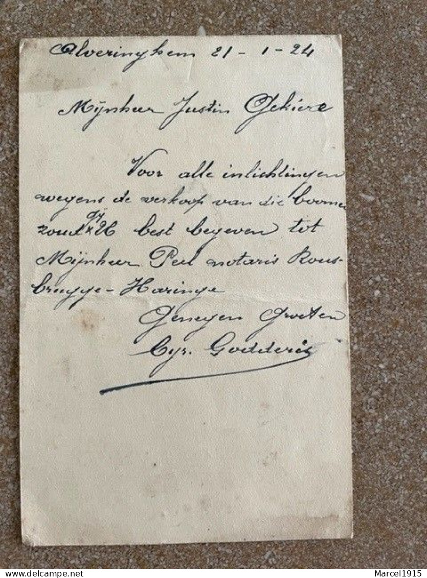 POSTKAART/Carte Postale ALVERINGEM 21/1/1924 Mr GODDERIS Schrijft Justin Gekiere Houthandelaar Grote Markt Poperinge - Alveringem