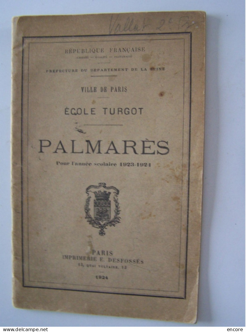 PARIS. 9° ARRONDISSEMENT. ECOLE TURGOT. PALMARES POUR L'ANNEE SCOLAIRE 1923 - 1924.  100_2270 - Parigi