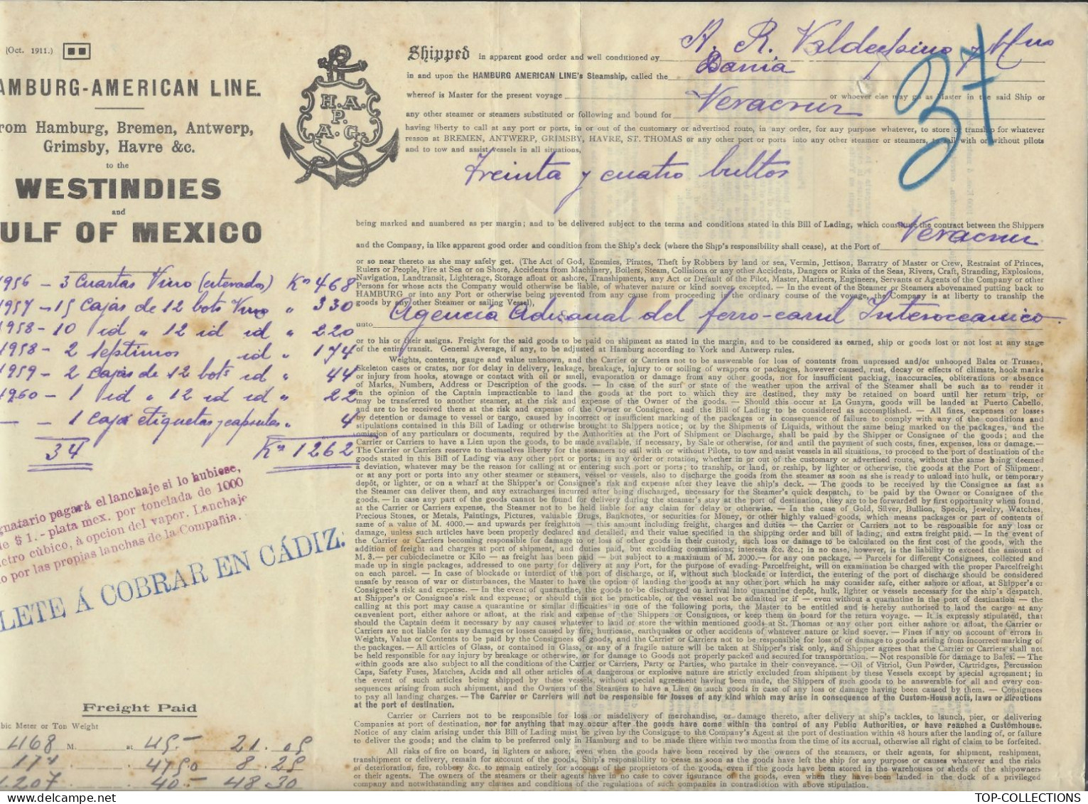 1911 CONNAISSEMENT BILL OF LADING HAMBURG AMERICAN LINE Westindies & Gulf Of Mexico  Cadiz  Espagne => Veracruz Mexique - 1900 – 1949