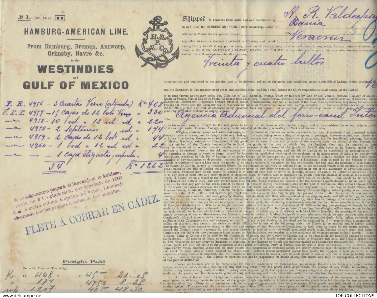 1911 CONNAISSEMENT BILL OF LADING HAMBURG AMERICAN LINE Westindies & Gulf Of Mexico  Cadiz  Espagne => Veracruz Mexique - 1900 – 1949