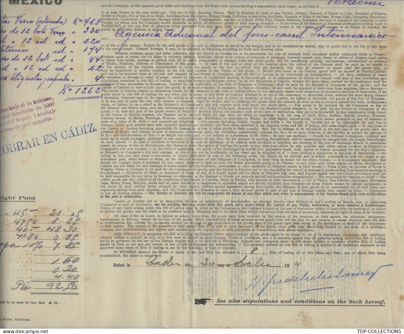 1911 CONNAISSEMENT BILL OF LADING HAMBURG AMERICAN LINE Westindies & Gulf Of Mexico  Cadiz  Espagne => Veracruz Mexique - 1900 – 1949