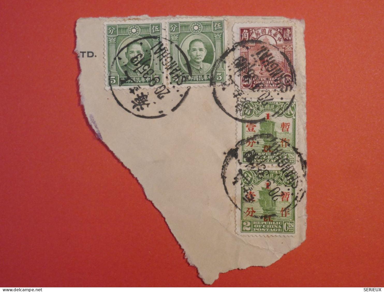 DD17  CHINA  SUR FRAGMENT  LETTRE 1913  SHANGHAI  +PAIRES SURCHARGE ++AFF. INTERESSANT++ - 1912-1949 Republic