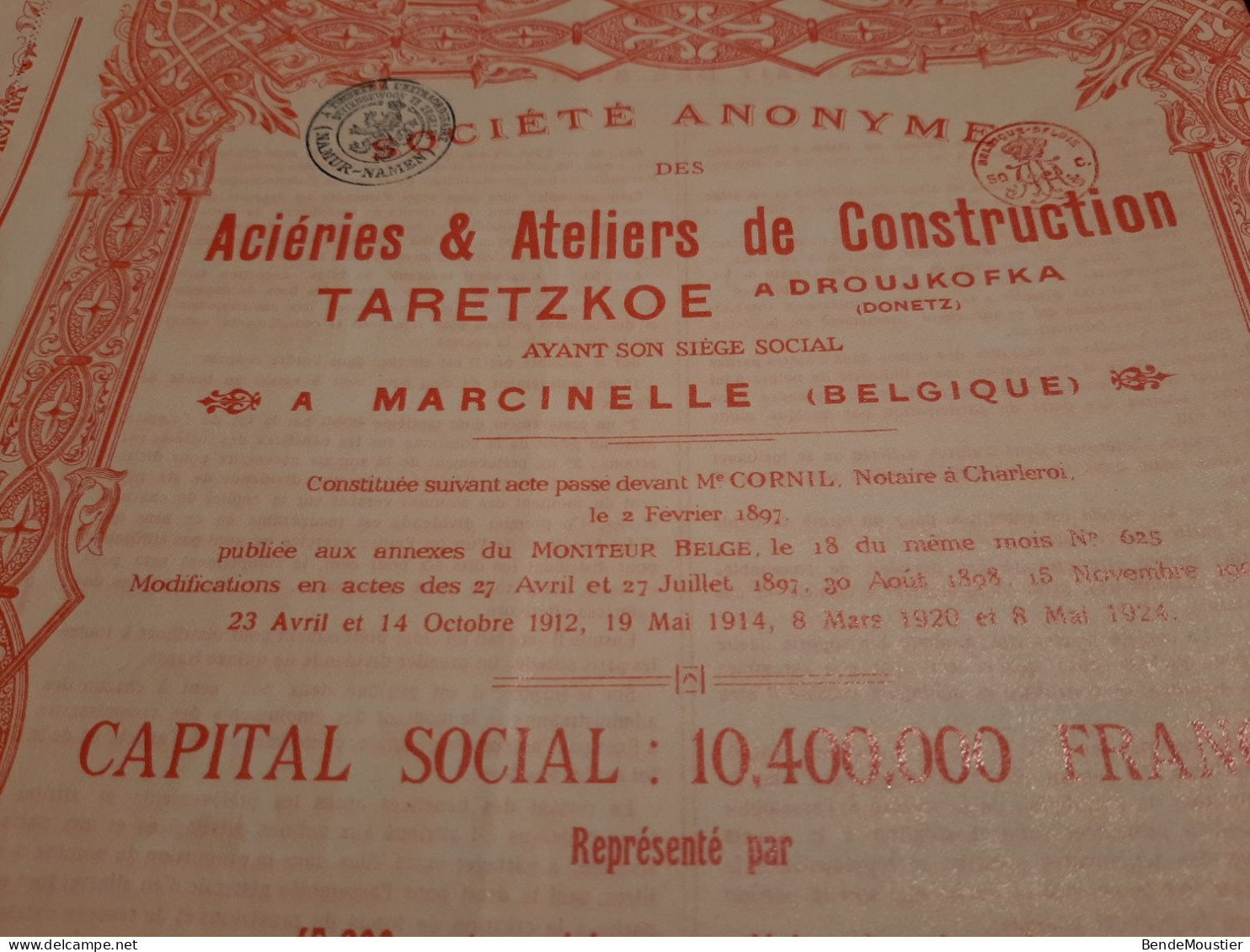 10 X Titres Aciéries & Ateliers De Construction TARETZKOE  A DROUJKOFKA - Donetz - Marcinelle 1er Mai 1924. - Industrie