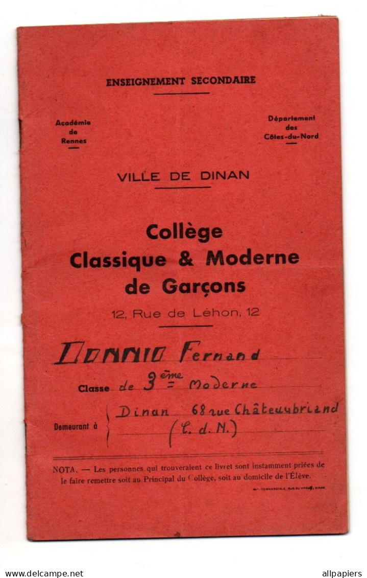 Livret Scolaire Ville De Dinan Collège Classique & Moderne De Garçons - Format : 21x13 Cm - Diplômes & Bulletins Scolaires