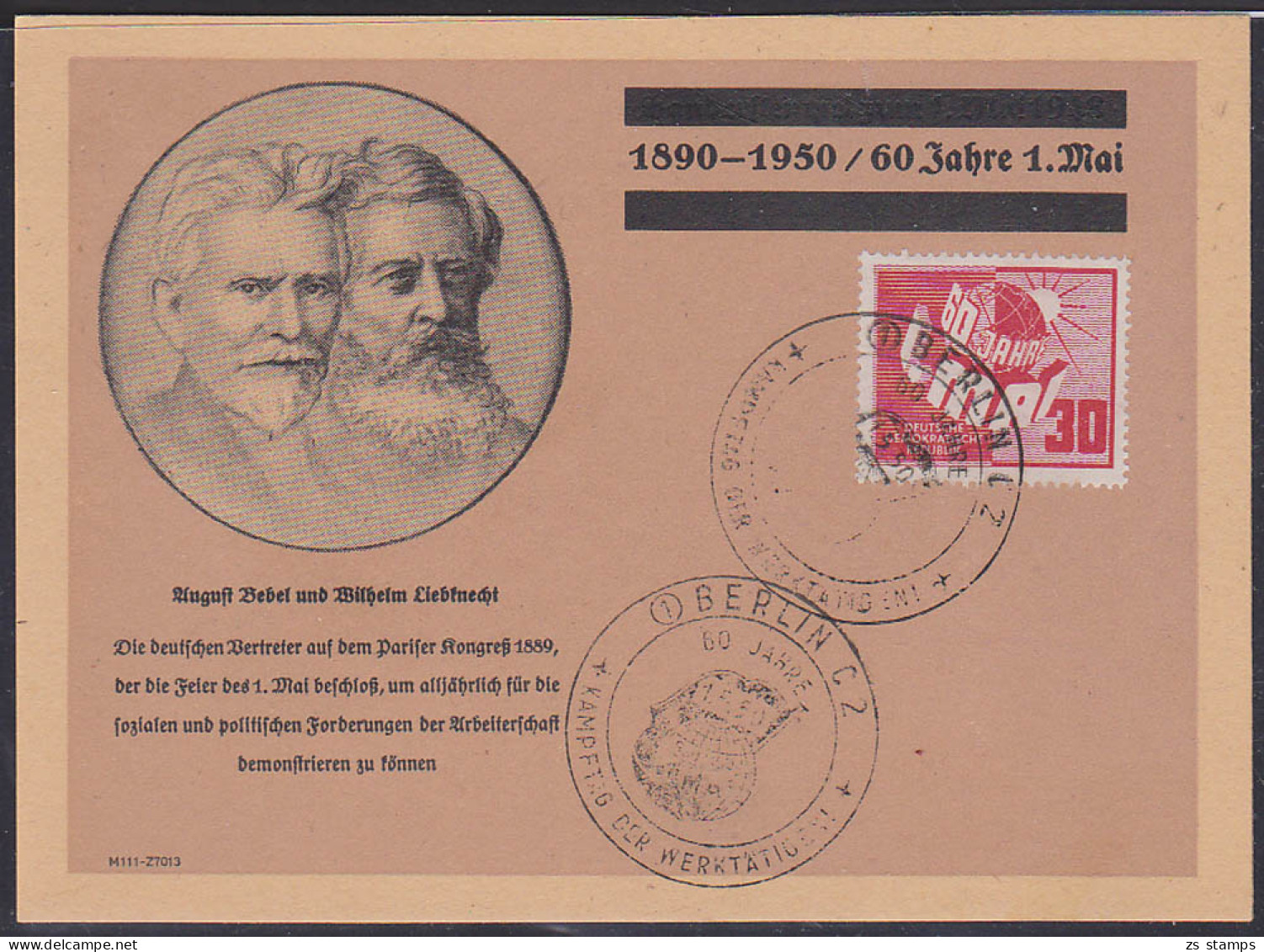 MC 250 30 Pfg. 60 Jahre 1. Mai Schmuckkarte Mit August Bebel Und Wilhelm Liebknecht, SoSt. Ersttag Berlin Kampftag - Cartas Máxima