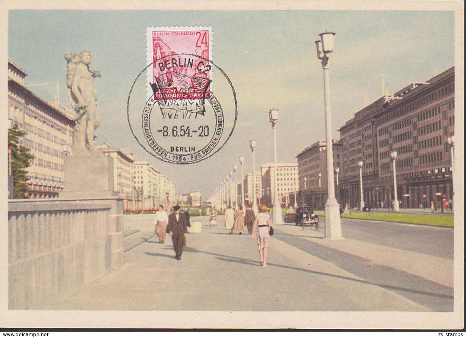 MC 371 24 Pfg. Stalinallee Berlin SoSt. Berlin C2 8.6.54 II. Deutschlandtreffen, Maximumkarte - Cartas Máxima