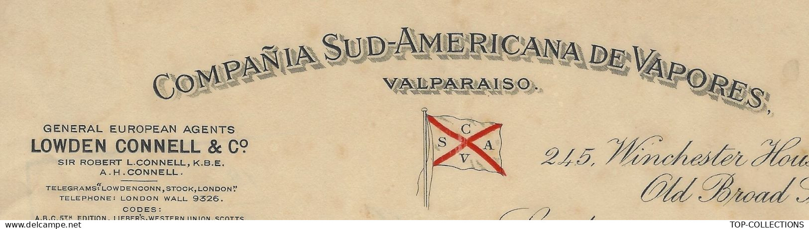 1927 NAVIGATION ENTETE Valparaiso Chili  Compania Sud Americana De Vapores London Lowdn Connels Agents V. HISTORIQUE - 1900 – 1949