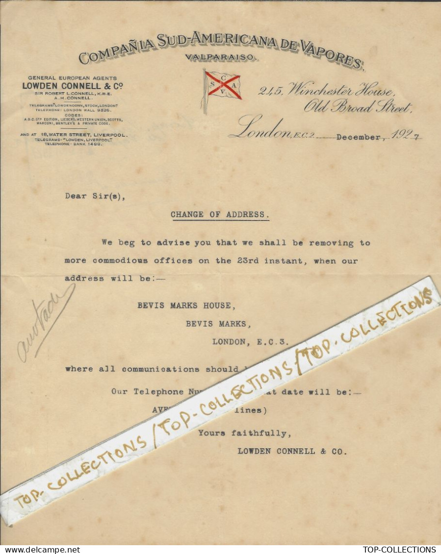 1927 NAVIGATION ENTETE Valparaiso Chili  Compania Sud Americana De Vapores London Lowdn Connels Agents V. HISTORIQUE - 1900 – 1949