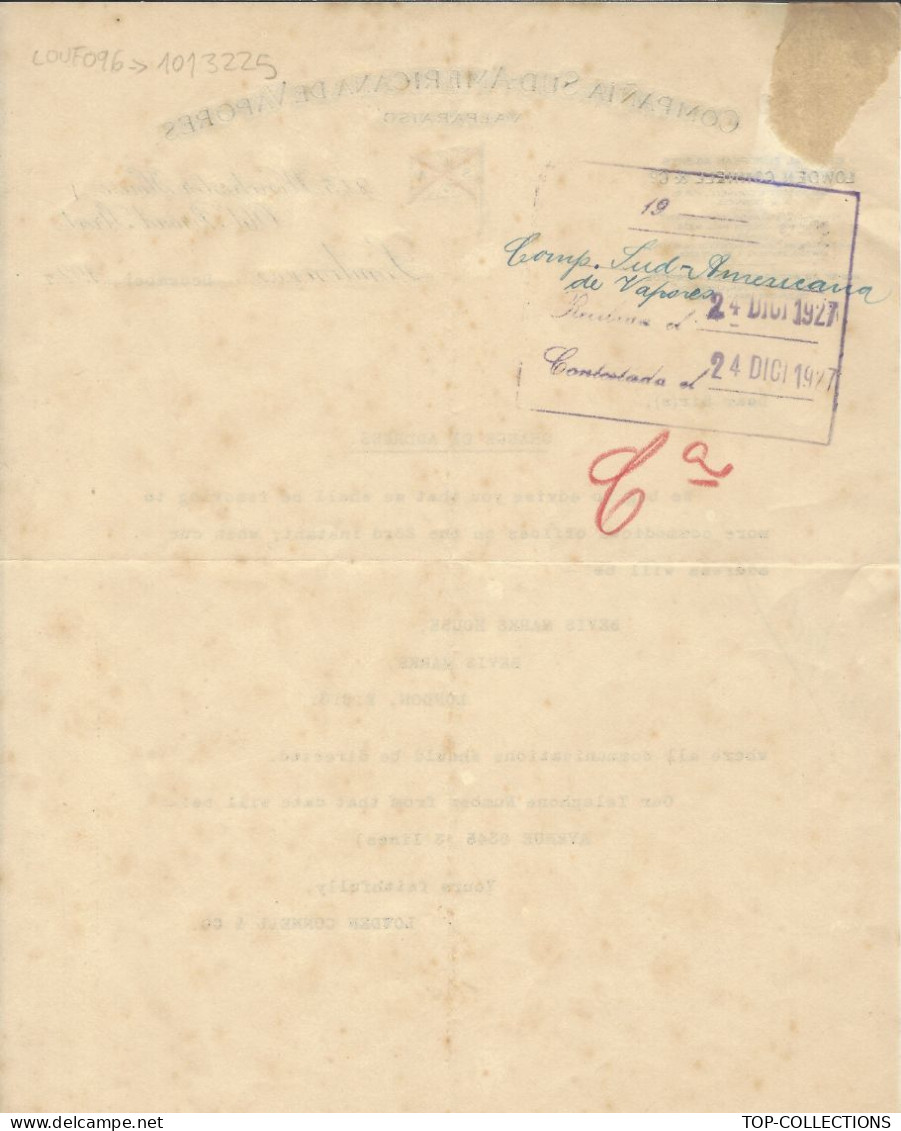 1927 NAVIGATION ENTETE Valparaiso Chili  Compania Sud Americana De Vapores London Lowdn Connels Agents V. HISTORIQUE - 1900 – 1949