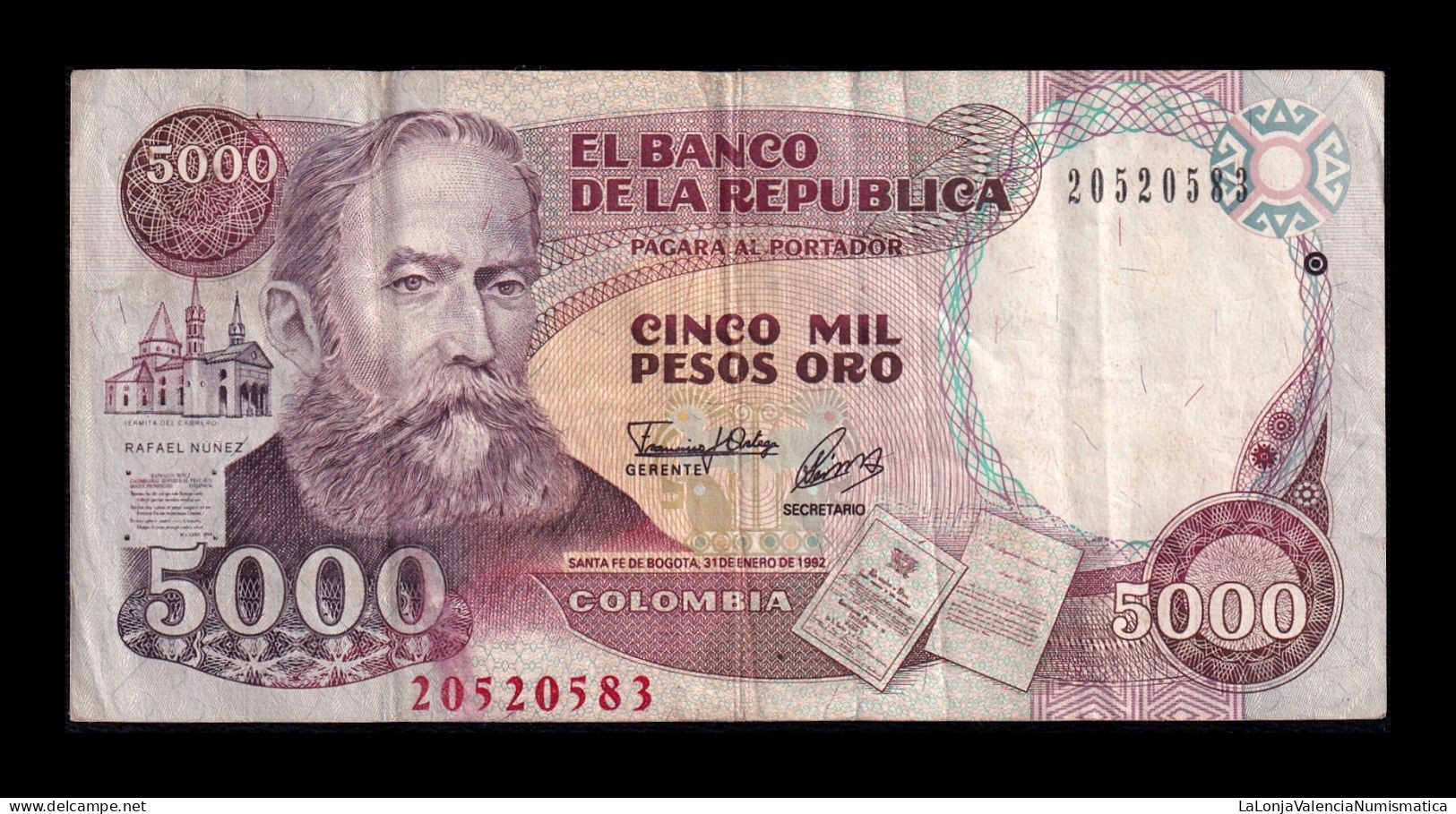 Colombia 5000 Pesos Oro Rafael Nuñez 31.01.1992 Pick 436A Bc/Mbc F/Vf - Colombie