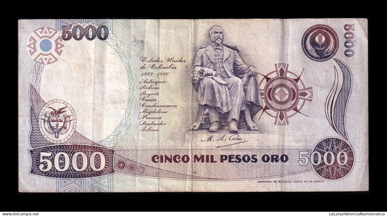 Colombia 5000 Pesos Oro Rafael Nuñez 31.01.1992 Pick 436A Bc/Mbc F/Vf - Colombie
