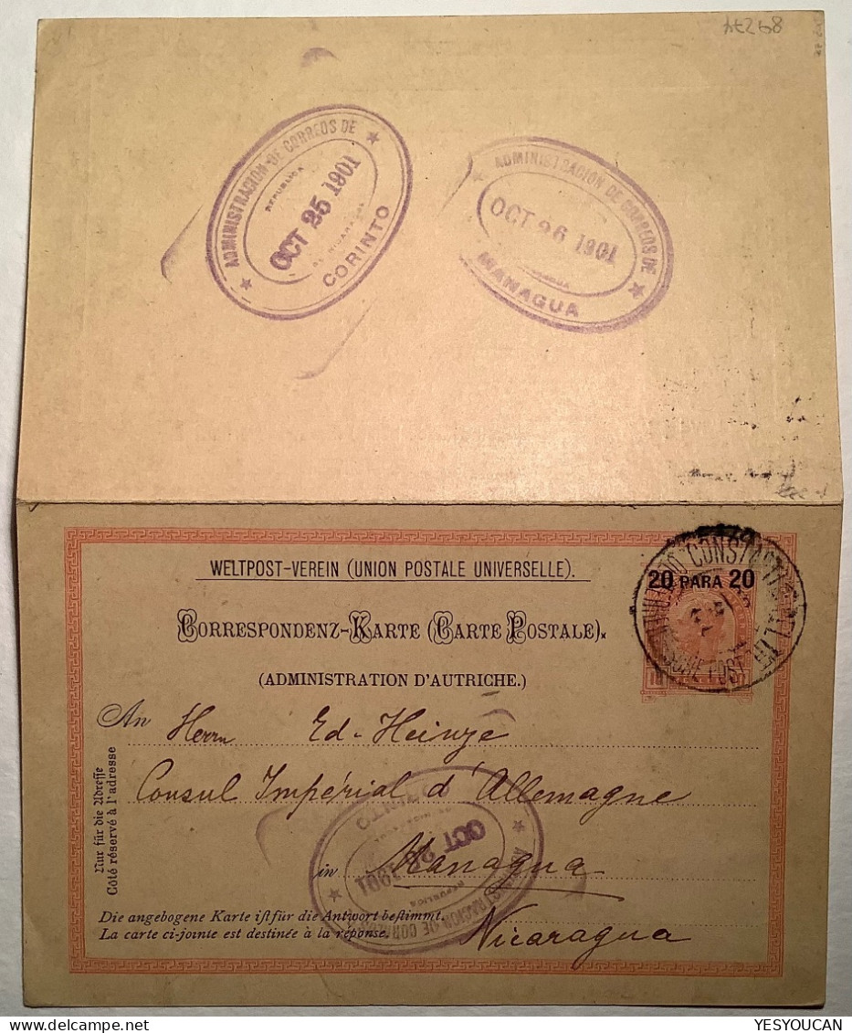 Österreichische Levante CONSTANTINOPEL III>Heinze MANAGUA NICARAGUA ! (Antwort-Ganzsache Reply Cover Levant Turkey - Oriente Austriaco