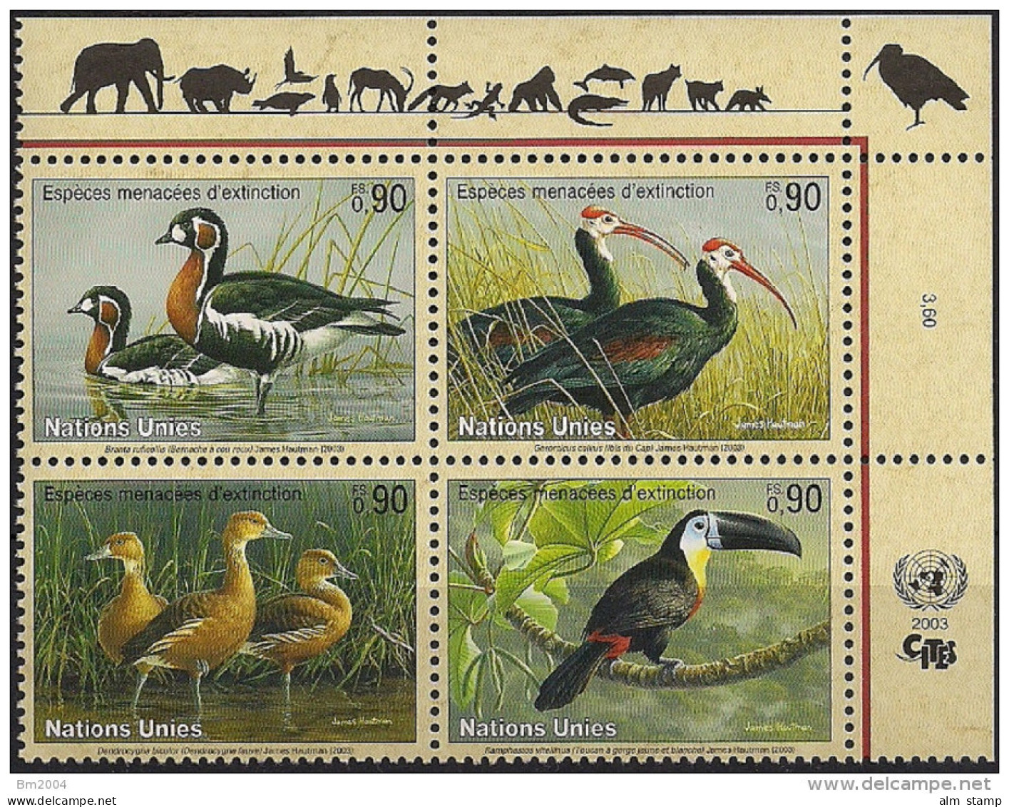 2003 UNO Genf  Mi. 466-9 **MNH  Gefährdete Arten (XI): Vögel - Nuevos