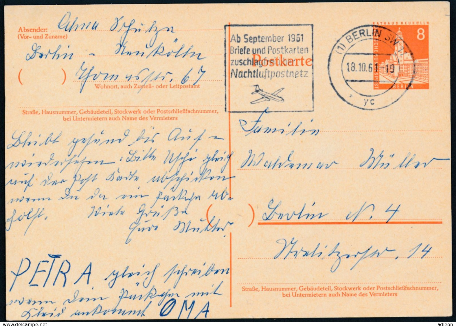 Berlin - Entier Postal / W-Berlin - Poskarte P 42 Von Berlin SW 18-10-1961 Nach Berlin N4 - Postcards - Used