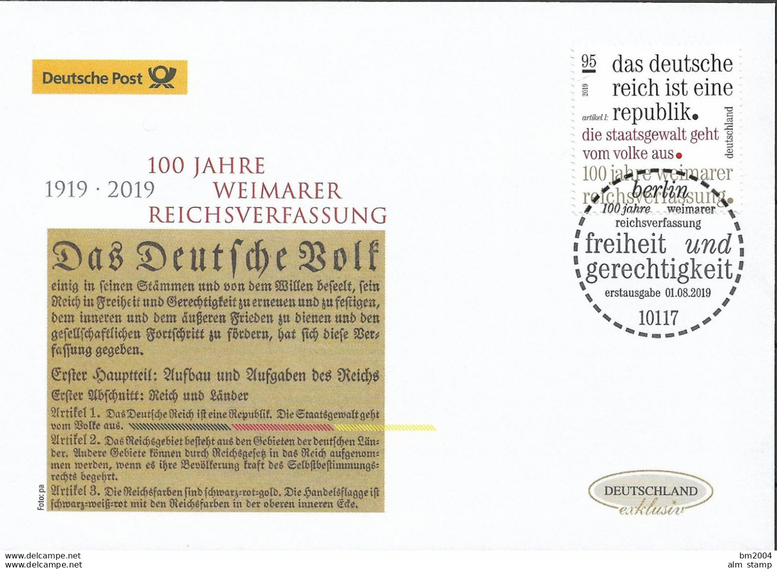 2019 Allem. Fed. Deutschland Germany Mi. 3488 FDC  100 Jahre Weimarer Reichsverfassung. - 2011-…
