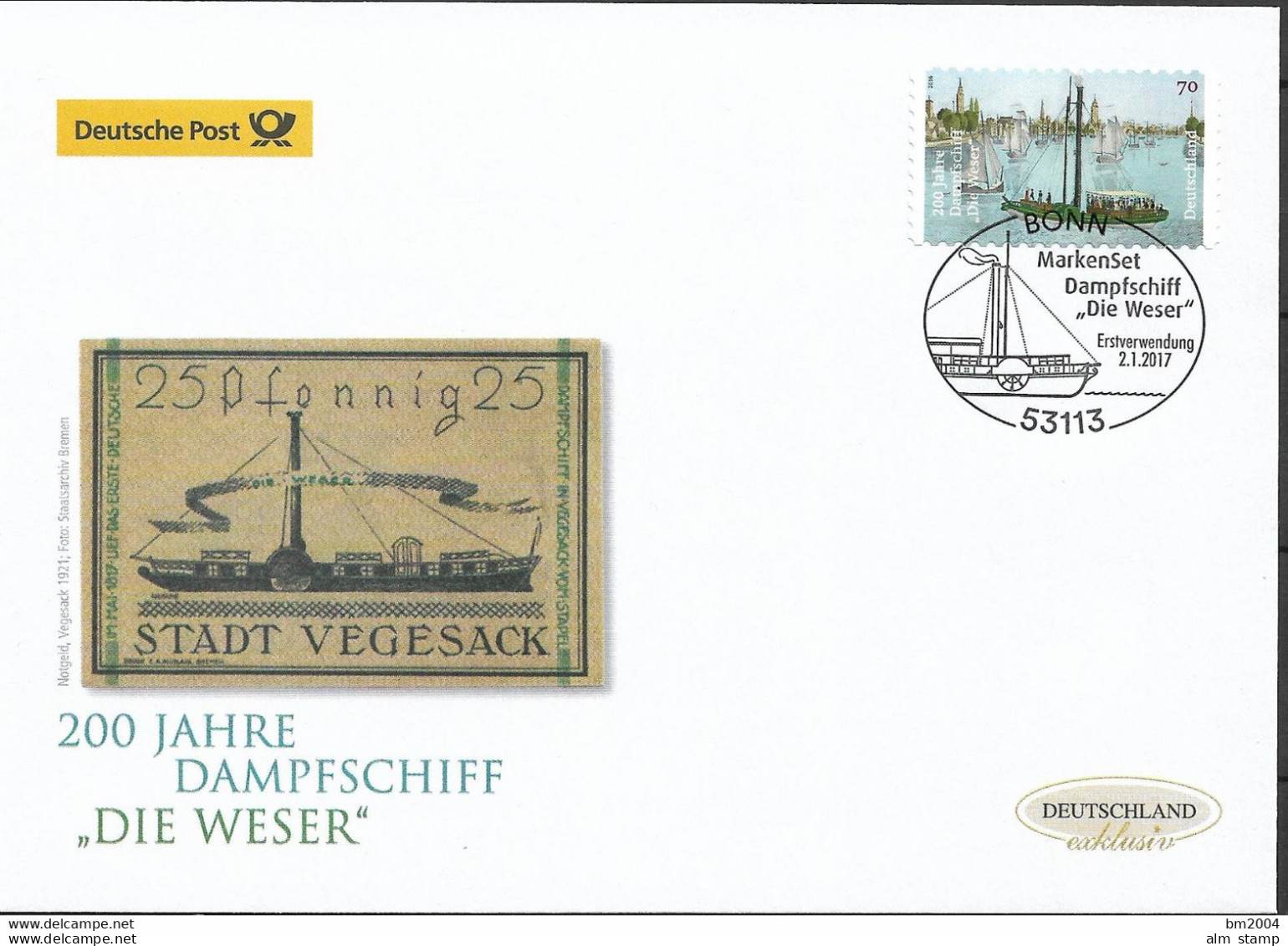 2017 Deutschland  Allem. Fed. Germany  Mi. 3279  FDC  200 Jahre Dampfschiff „Die Weser“. - 2011-…