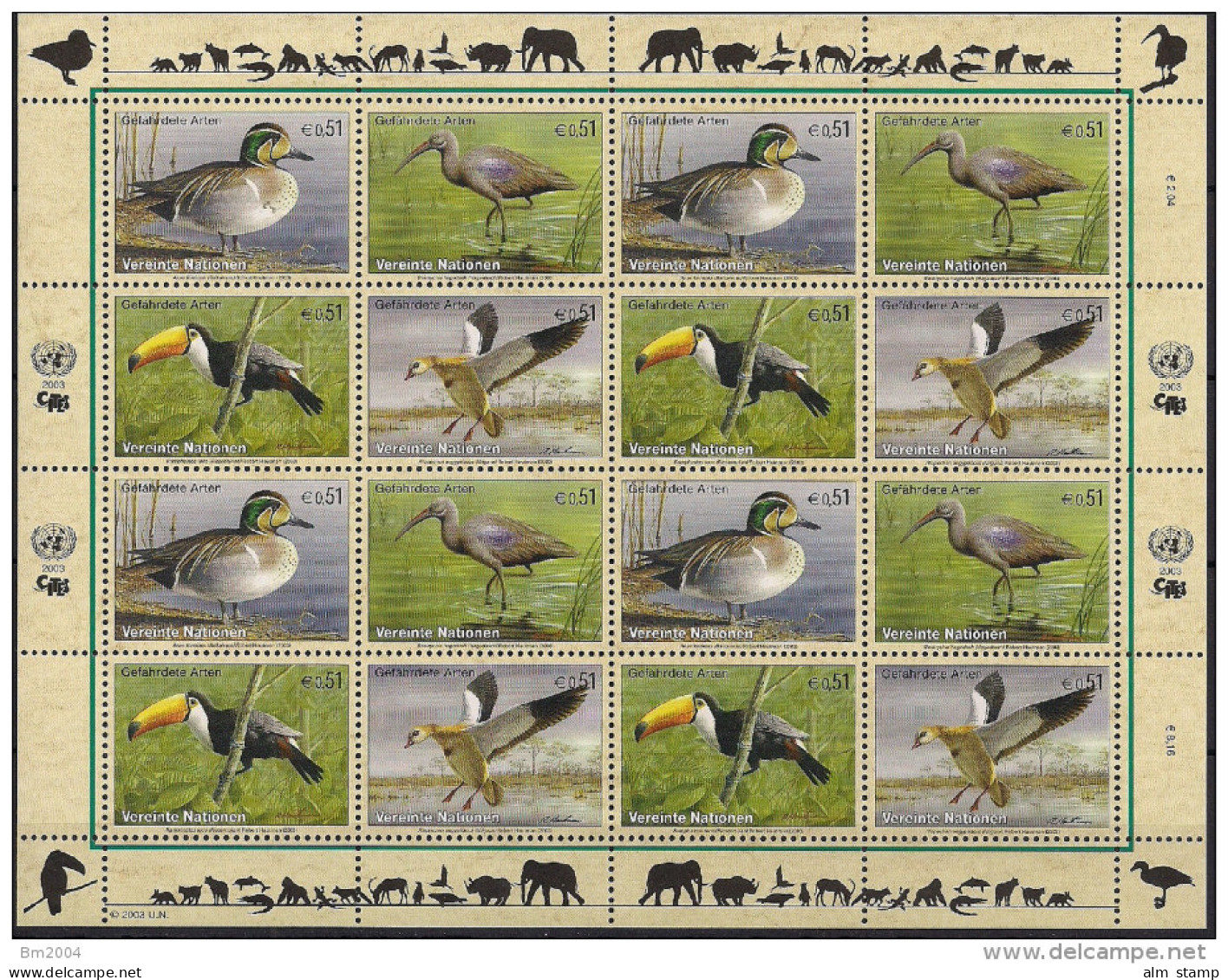 2003 UNO Wien Mi. 389-92**MNH Gefährdete Arten (XI): Vögel. - Blocs-feuillets