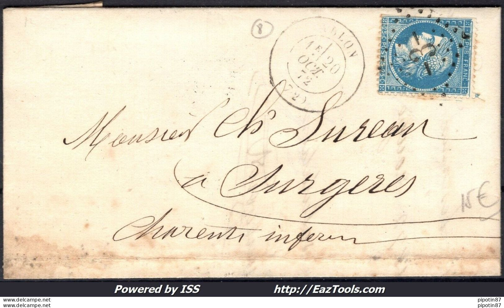 FRANCE N°60A SUR LETTRE POUR SURGERES GC 3 ABLON SEINE ET OISE + CAD DU 20/10/72 - 1871-1875 Ceres