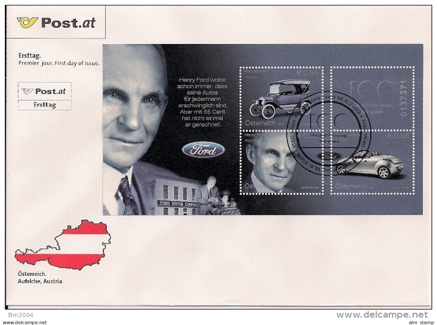 2003 Austria Yv. BF 24   Mi. Bl. 20  FDC  100 Jahre Ford-Automobile - FDC