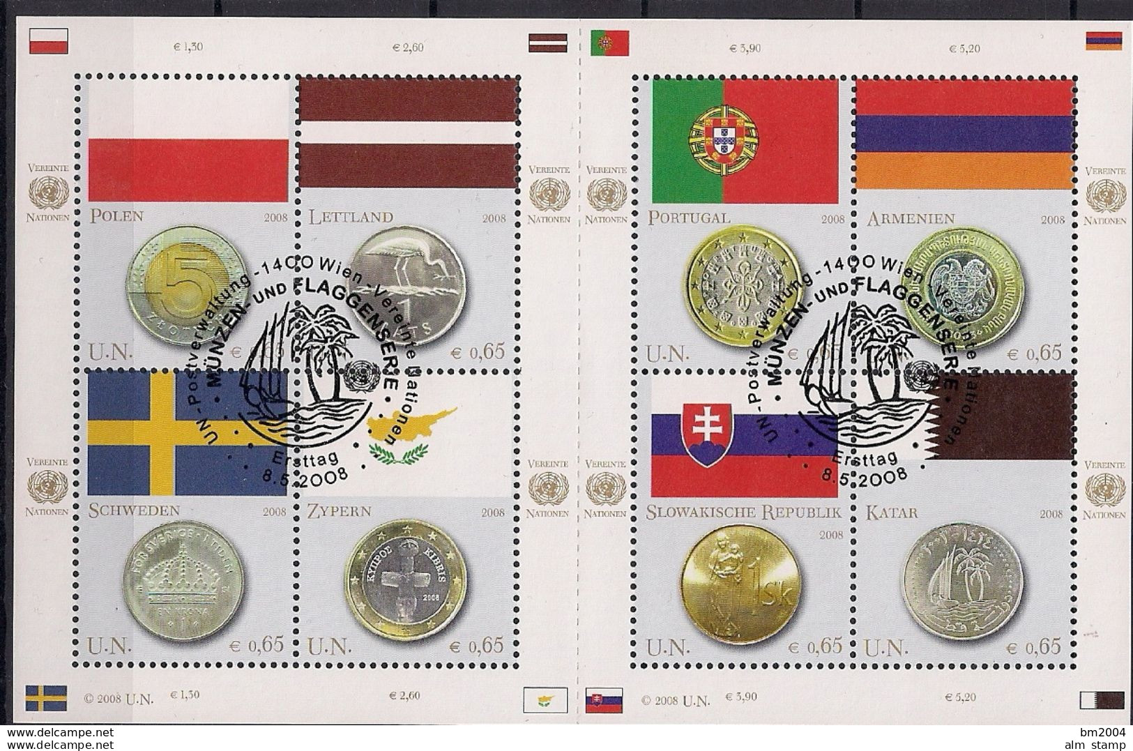2008 UNO Wien Mi. 530-7  FD- Used  Flaggen Und Münzen Der Mitgliedstaaten - Blocs-feuillets