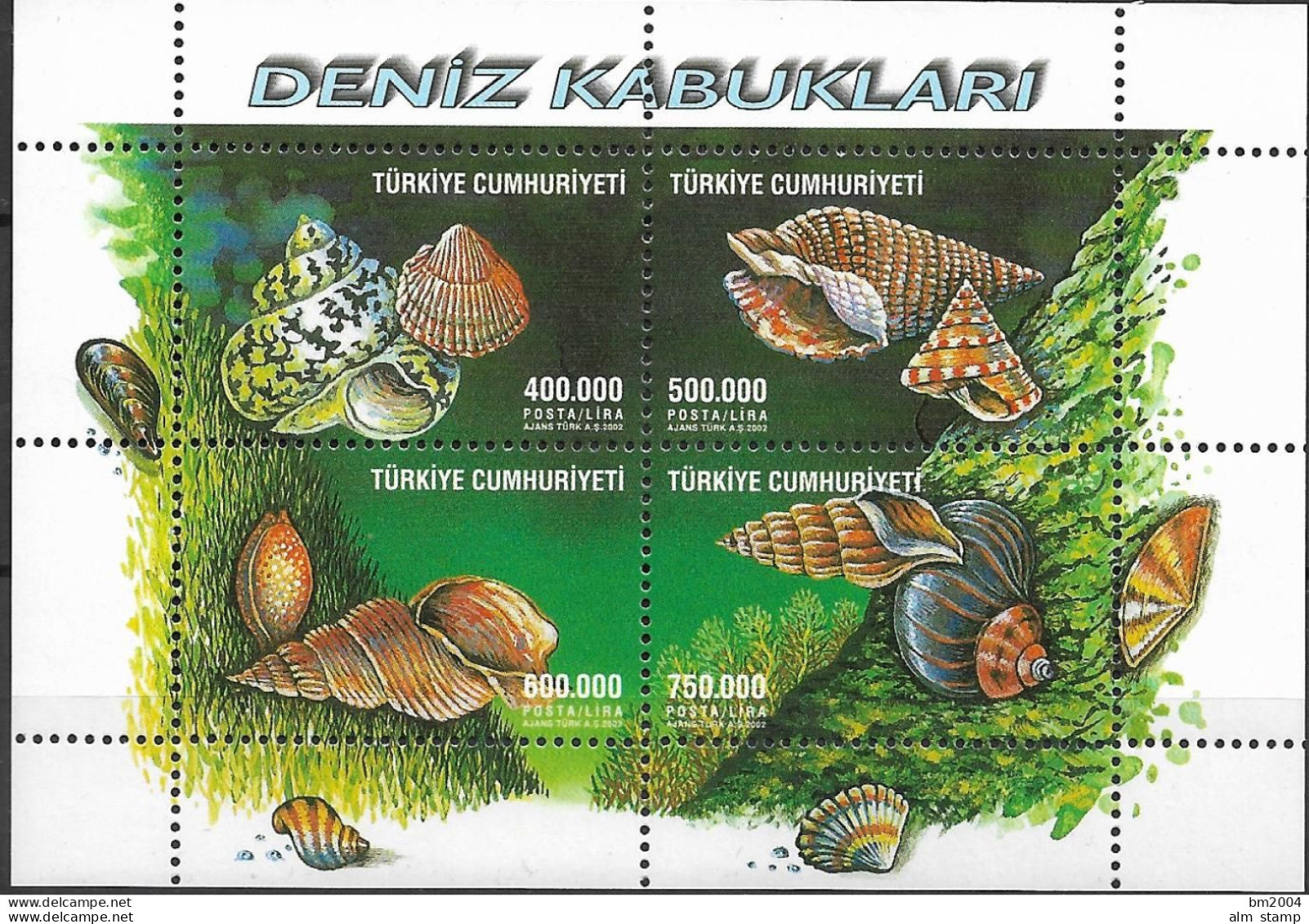 2002 Türkei   Mi. Bl. 49 **MNH  Muscheln Und Meeresschnecken. - Neufs