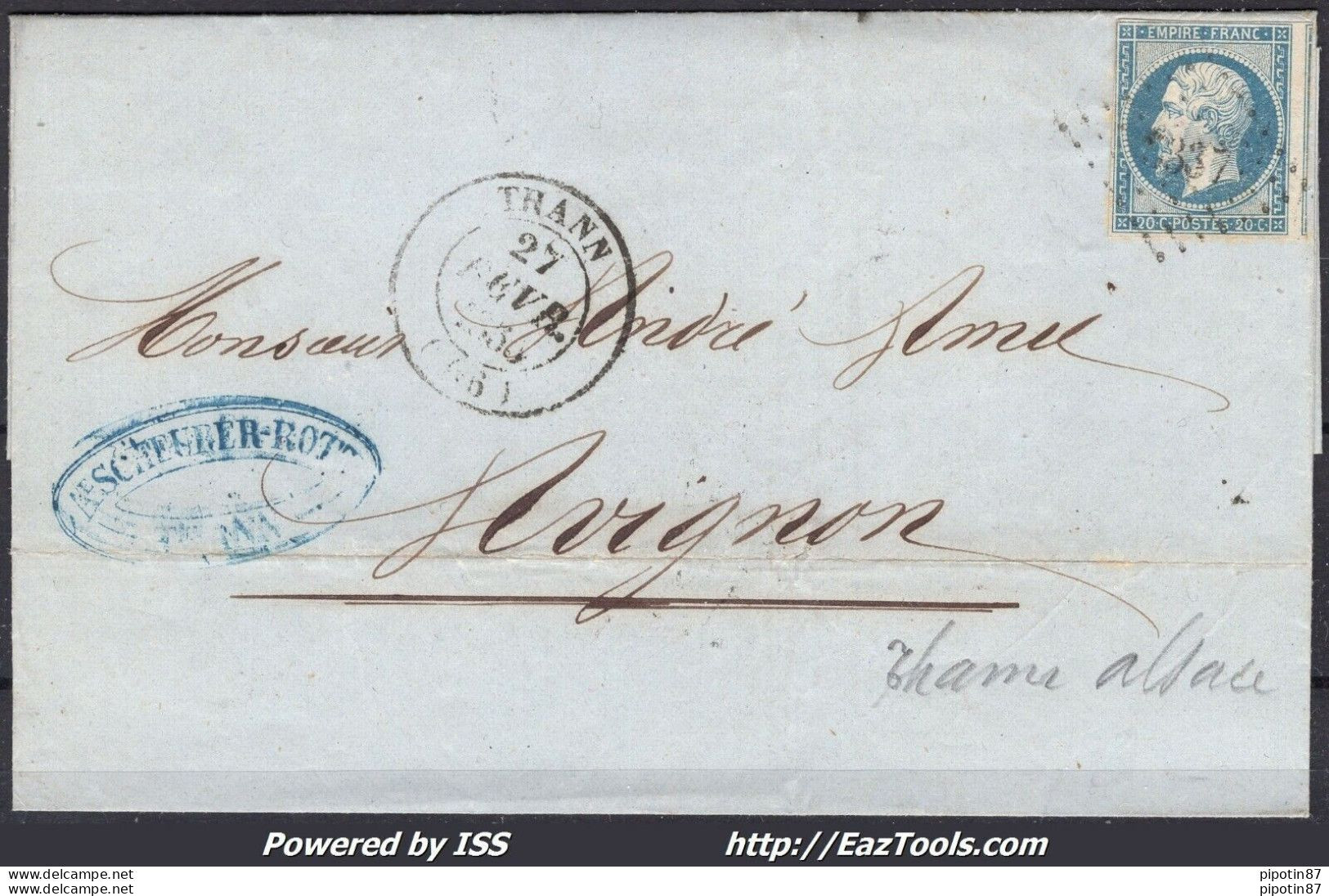 FRANCE EMPIRE N° 14A SUR LETTRE PC 3337 THANN HAUT RHIN + CAD T14 DU 18/02/1855 - 1853-1860 Napoléon III.