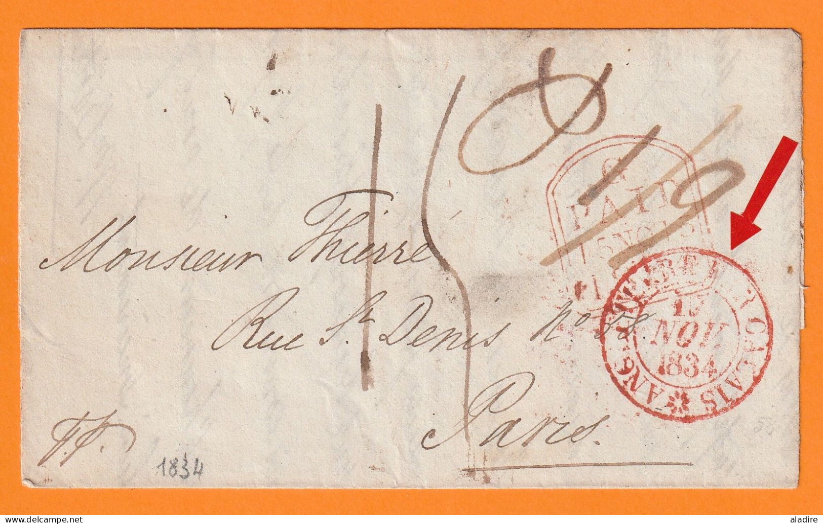 1834 - K WIV - Portion De Lettre Pliée En Français De Londres ? Vers Paris - Entrée Par Calais - Taxe 15 - ...-1840 Prephilately