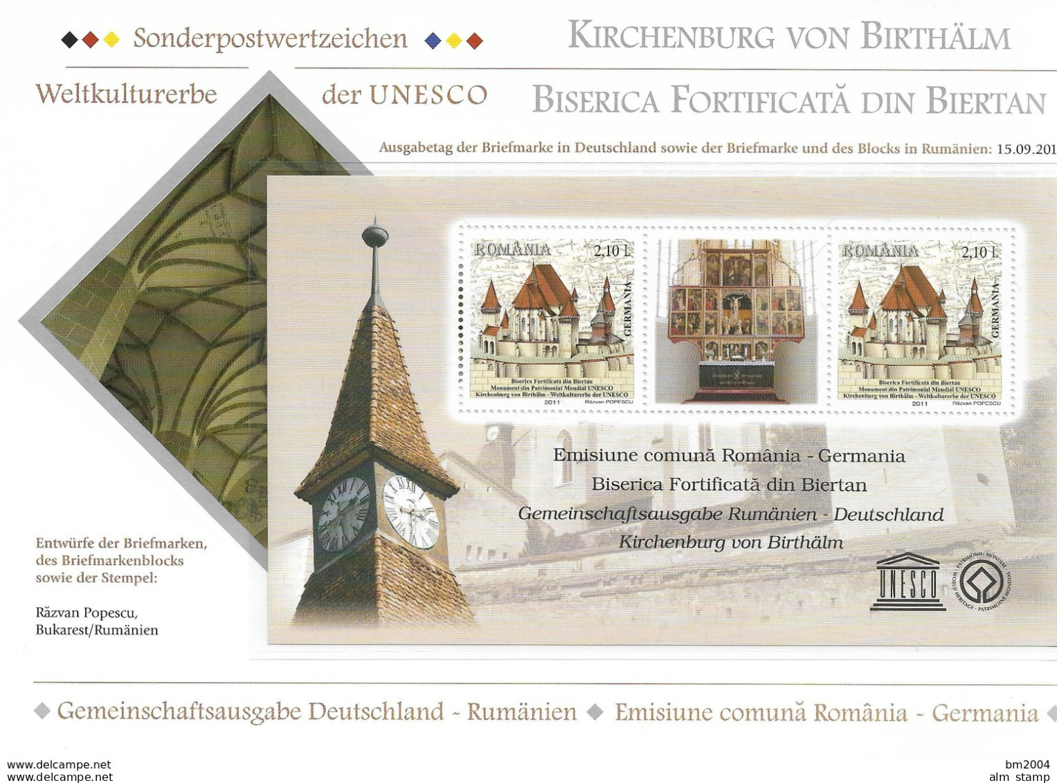 2011  Deutschland Mi. 2886 / Rumänien 6560 FDC + Bl. 514 **MNH  UNESCO-Welterbe  Birthälmer Kirchenburg, Siebenbürgen - Joint Issues