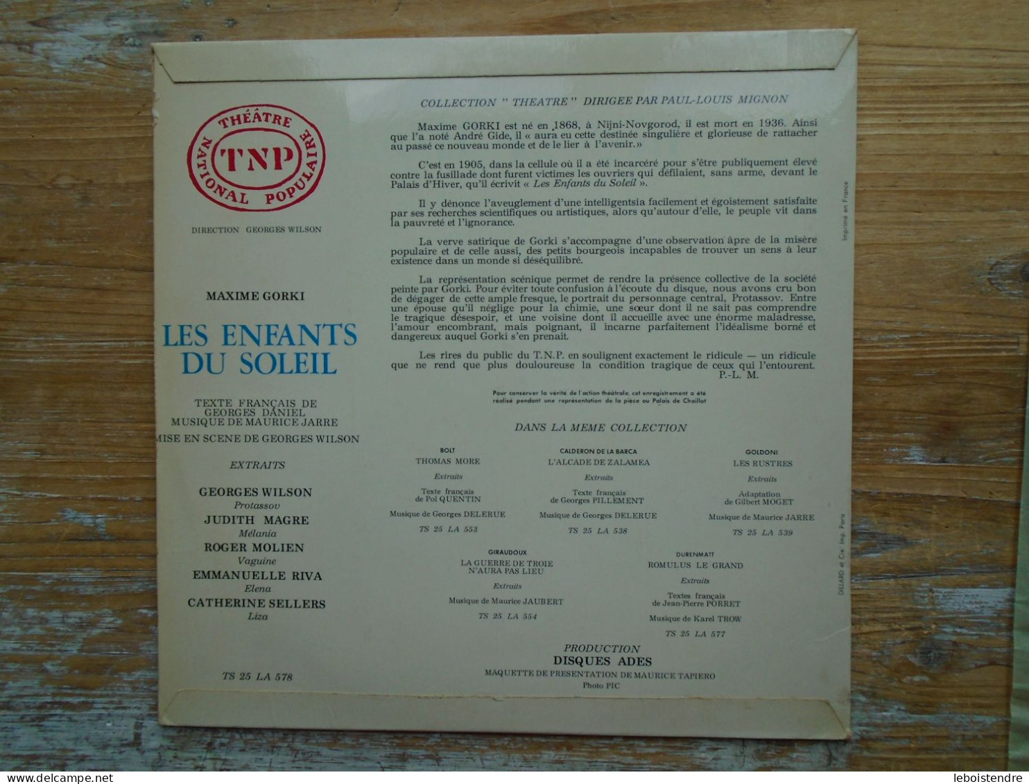 10" VINYLE LES ENFANTS DU SOLEIL MAXIME GORKI COLLECTION THEATRE PAR JEAN-LOUIS MIGNON THEATRE NATIONAL POPULAIRE