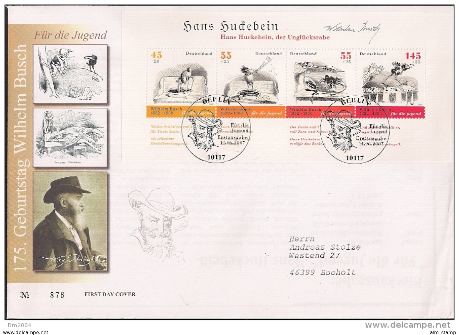 2007  Deutschland Yv  BF 70  Mi  Blk. 71 FDC  175. Geburtstag Von Wilhelm Busch - 2001-2010