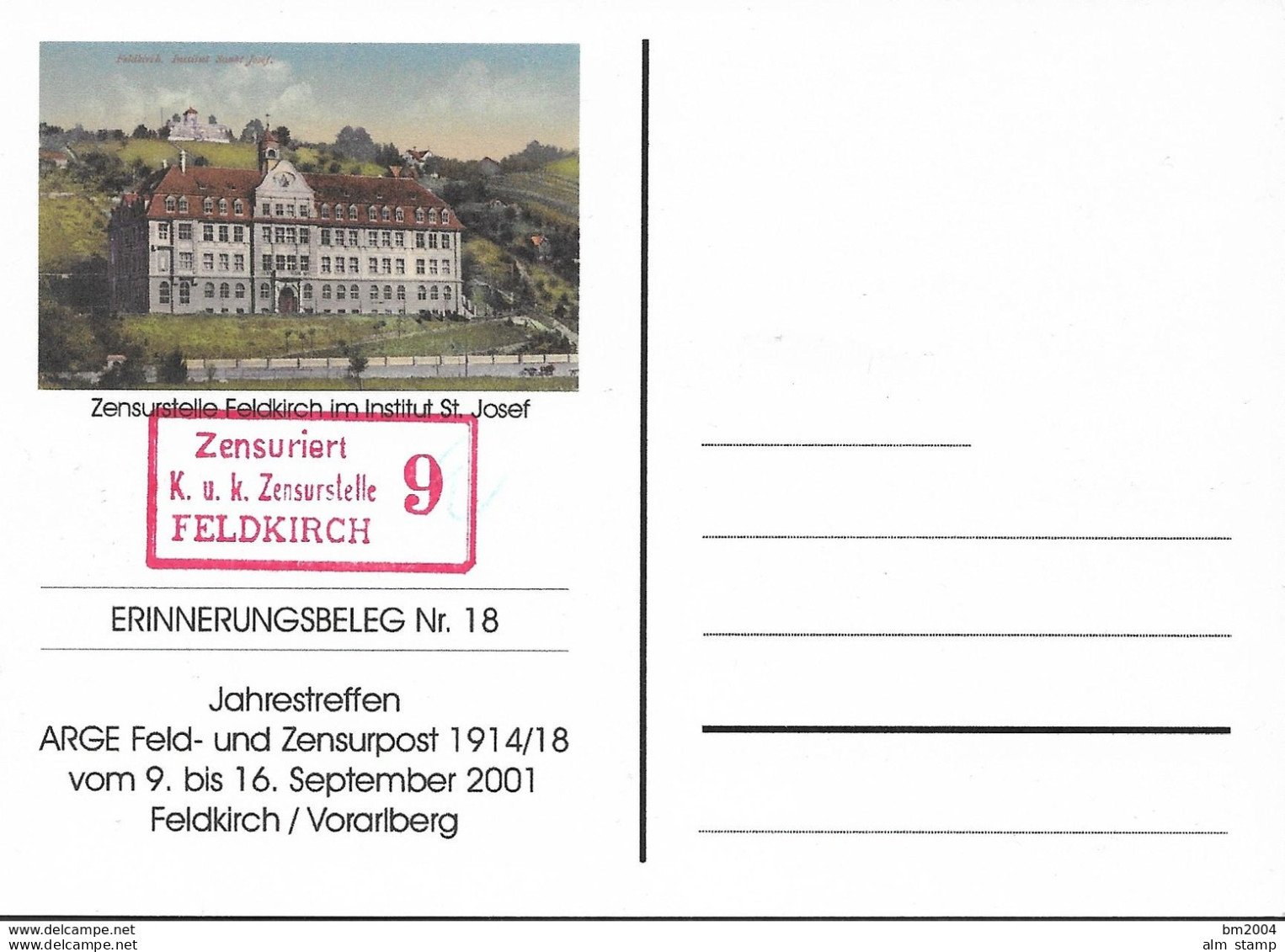 2001 Österreich Postkarte  Zensurstelle Feldkirch Erinnerungsbeleg Nr. 18 - FDC
