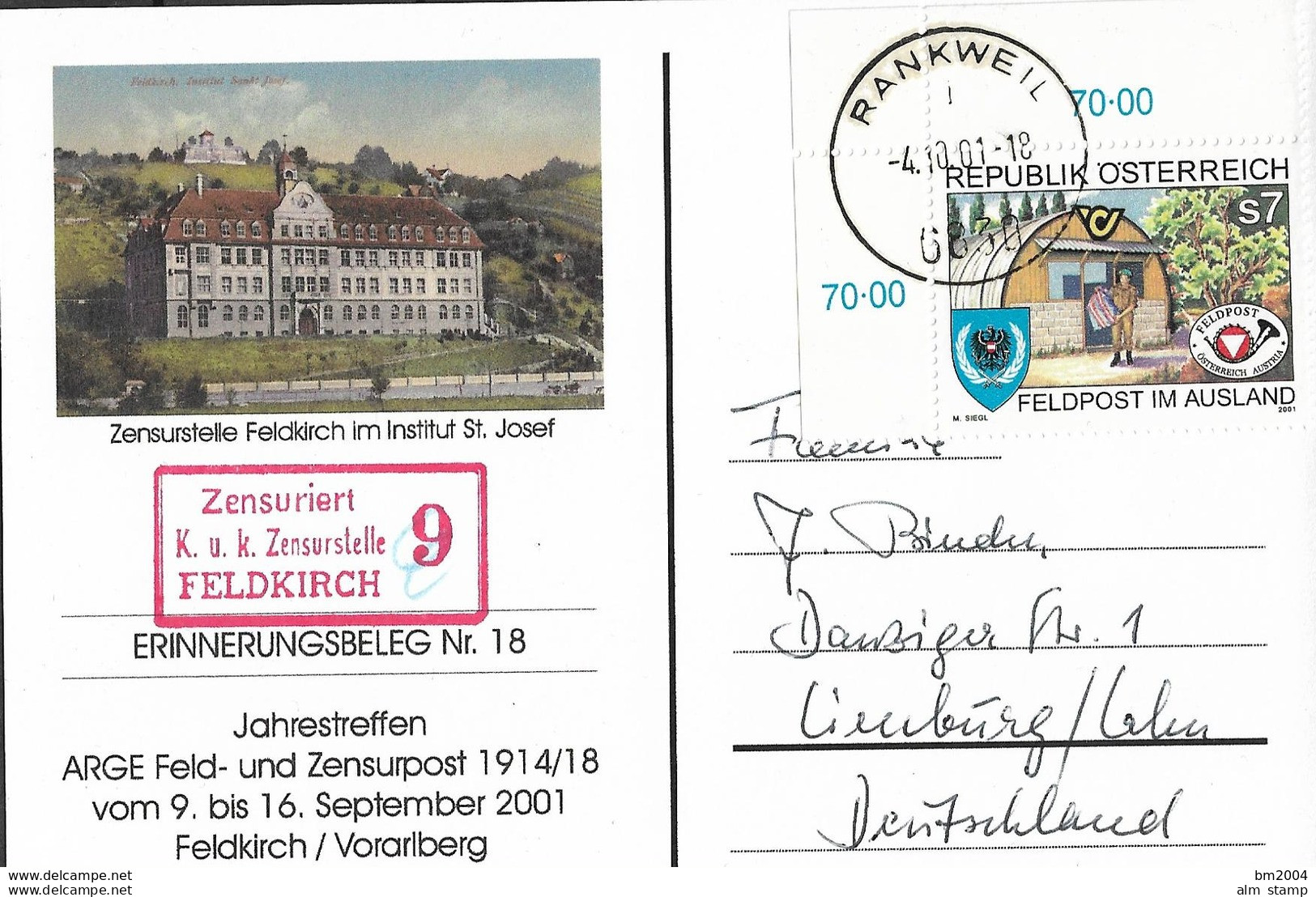 2001 Österreich Postkarte  Zensurstelle Feldkirch Erinnerungsbeleg Nr. 18 - FDC